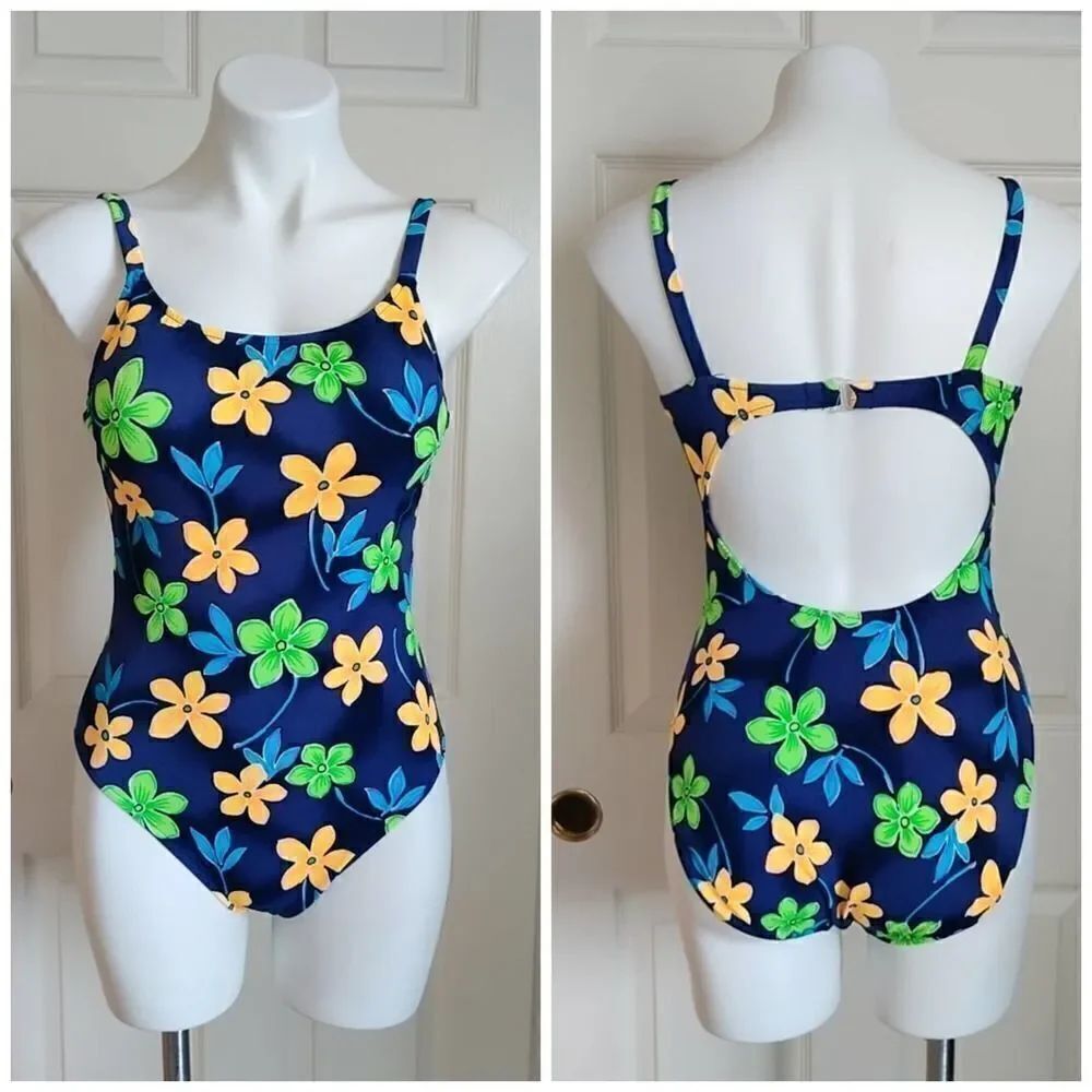 Vintage 90s Leilani navy floral one-piece swimsuit sz 10